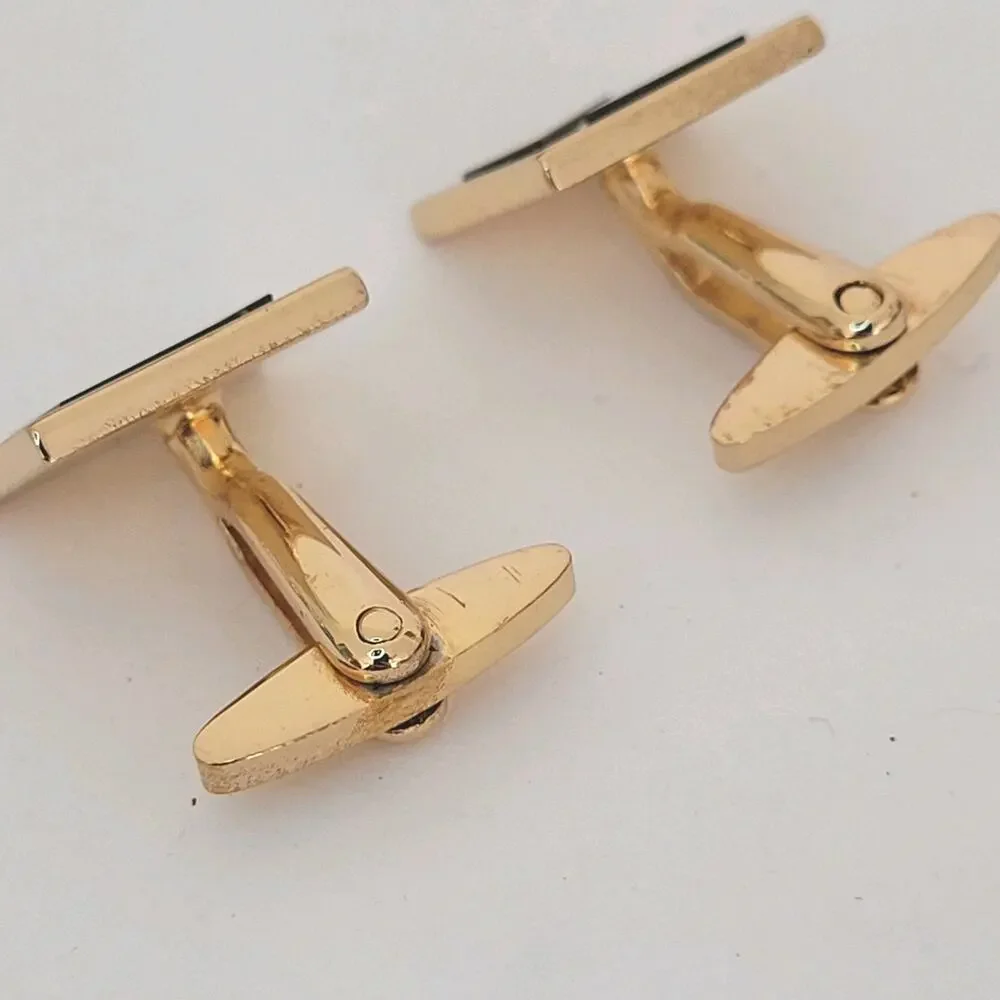 Christian Dior Cufflinks Gold Onyx Black Tone Logo Square Designer Vintage